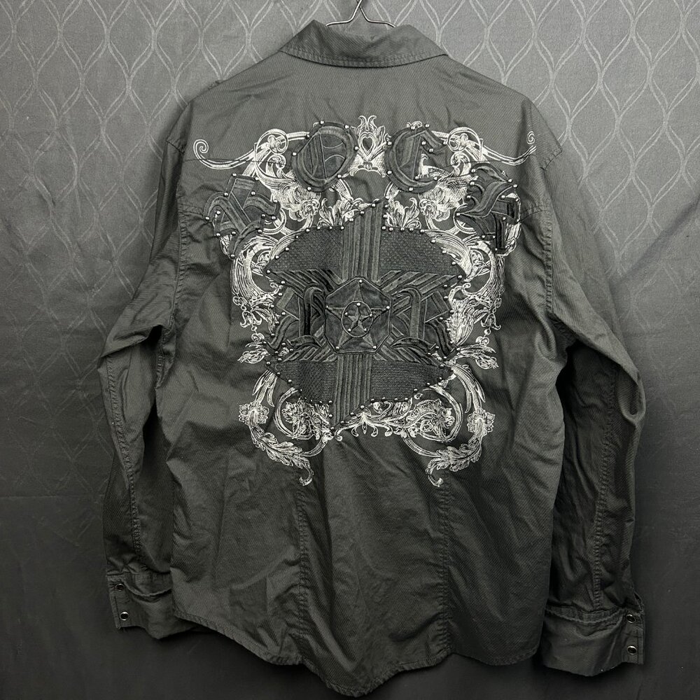 Rock and Roll Cowboy Button Up Men's XL BlackPearl Snap Embroidered Double Sided